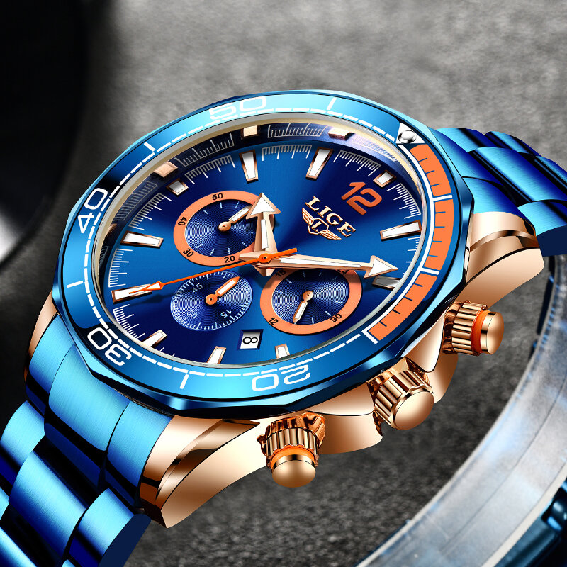 2021 novo relógio à prova dwaterproof água masculino topo lige marca multifunções cronógrafo relógio de pulso homem luxo aço inoxidável quartzo data