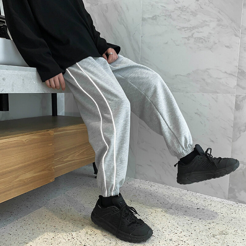 Casual Pants Reflective Stripes Loose All-match Adjustable Elastic Waist Korean Style Chic Fashion Autumn Male Ankle-length