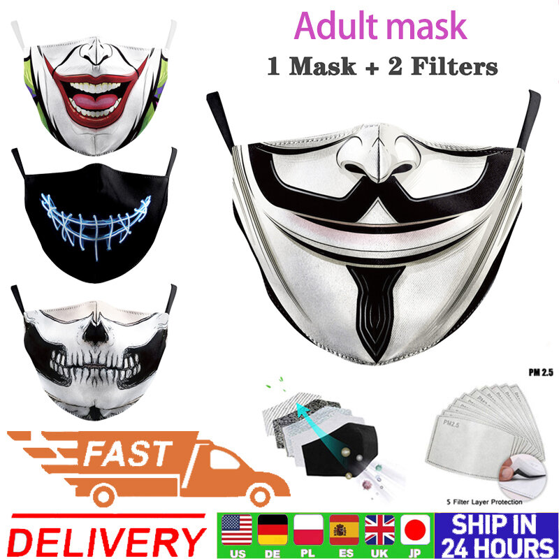 Masques lavables pour adultes, masque facial imprimé dessin animé Pm2.5, filtres, masques imprimés floraux CAotton, masque buccal unisexe anti-poussière