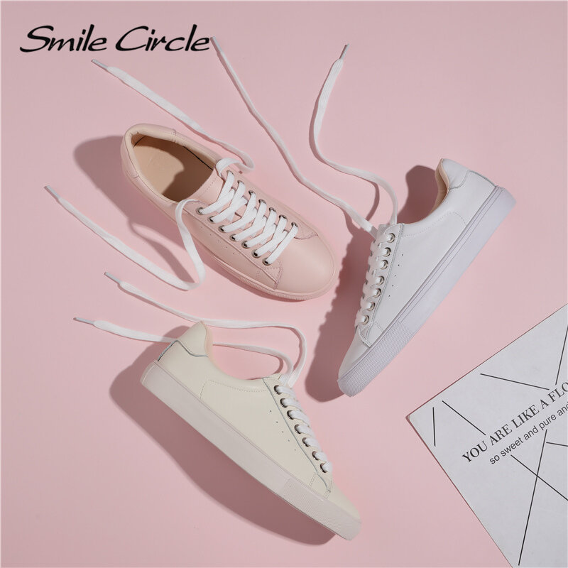 Smile Circle White Sneakers Women Genuine Leather Low-Heel Flat Platform Ladies Fashion White Shoes Women size 36-42