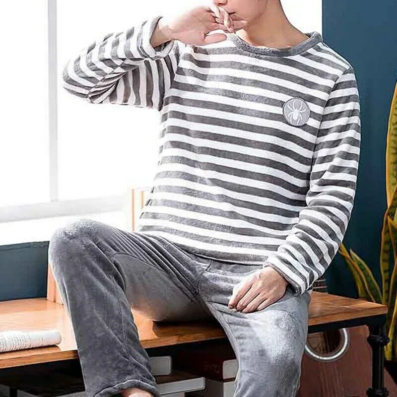 2021 Winter Long Sleeve Thick Warm Flannel Pajama Sets for Men Coral Velvet Sleepwear Suit Pyjamas Lounge Homewear Home Clothes