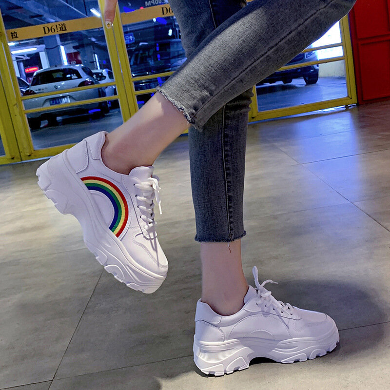 Casual Sneakers Women White Shoes Fashion Female Platform Shoes Ladies Lace Up Rainbow Vulcanize Shoes Loafers Femmes Chaussures