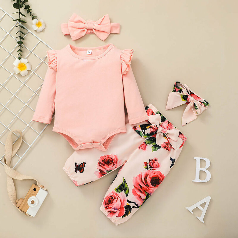 Vêtements de printemps et d'automne pour bébés filles et garçons, barboteuse en coton tricoté, combinaison imprimée de fleurs, 3 pièces