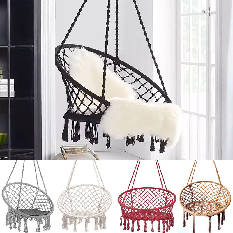 Nordic Style Round Hammock Anti-rollover Swing Rope Outdoor Indoor Hanging Tassel Hanging Chair Garden Seat for Child Adult