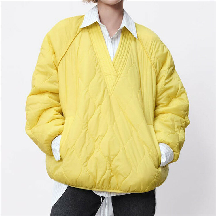 2021 New Style Hot Sale Women's V-neck Long-sleeved Pocket Yellow Padded Sweater Sweater, Winter Warm Cardigan Jacket, Padded