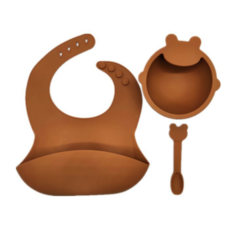 3pcs/set Baby Silicone Tableware  Waterproof  Solid Color Bib Sucker Bowl And Spoon For Children