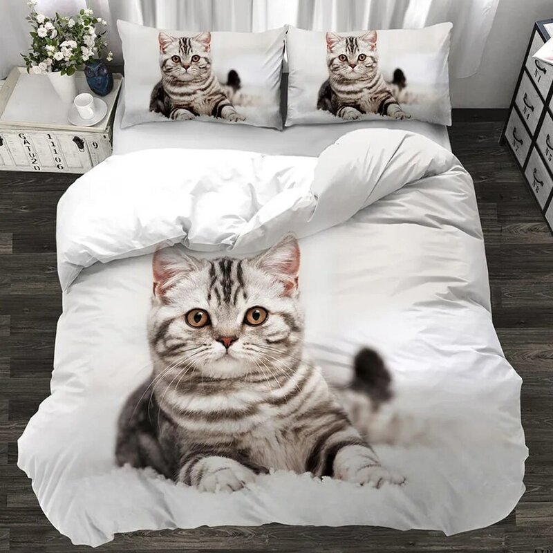 Juego de cama personalizado 3d para mascotas, edredón nórdico kawaii con diseño de gato negro, funda de almohada, 3 uds.