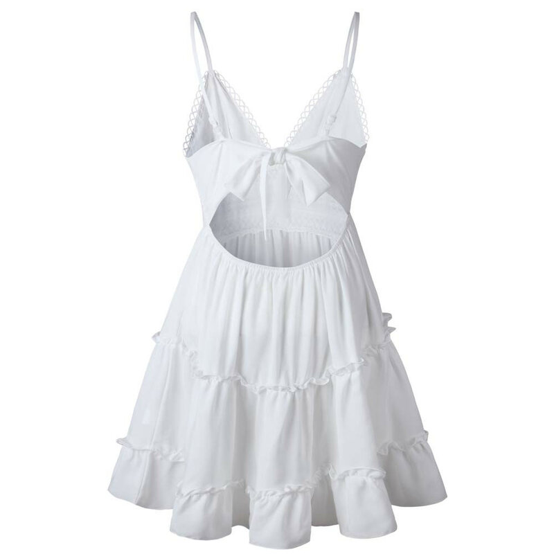 Weiß Rüschen Sommer Kleid Frauen Sexy Bogen Backless V-ausschnitt Mini Strand Kleider Sleeveless Beiläufige Sommer Lose Sommerkleid Robe Femme