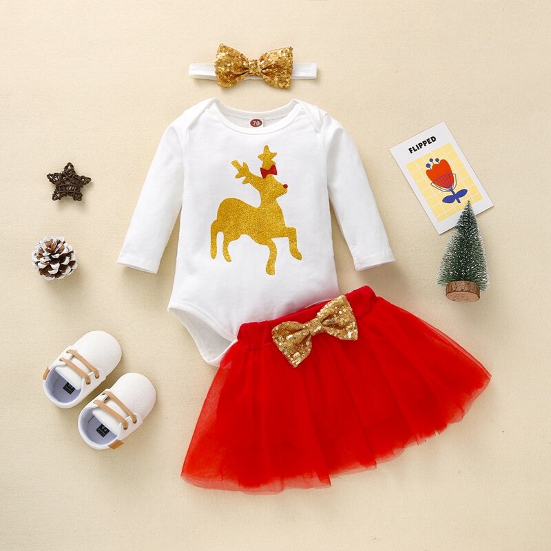 Conjunto de roupas da menina do bebê da criança algodão cervos imprimir saia de natal terno crianças roupas da menina 3 pçs primavera agasalho infantil conjunto