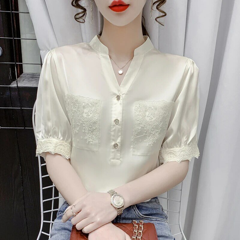 Twicefanx blusa camisas blusa feminina 2021 verão rendas ponto bordado solto vintage v-neck curto-mangas compridas chiffon camisa 532f
