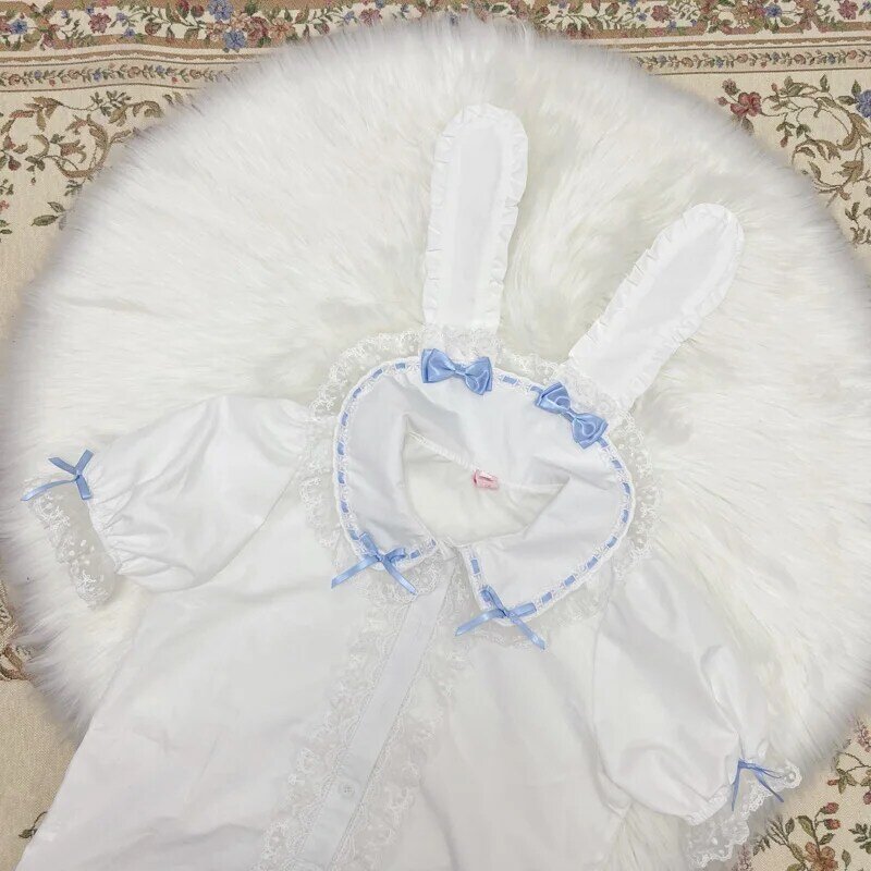 Y2k Women Summer New Kawaii Lolita Shirt Fashion Peter Pan Collar Lace Cute Rabbit Ear Blouse Clothing Soft Girl Baby Doll Tops