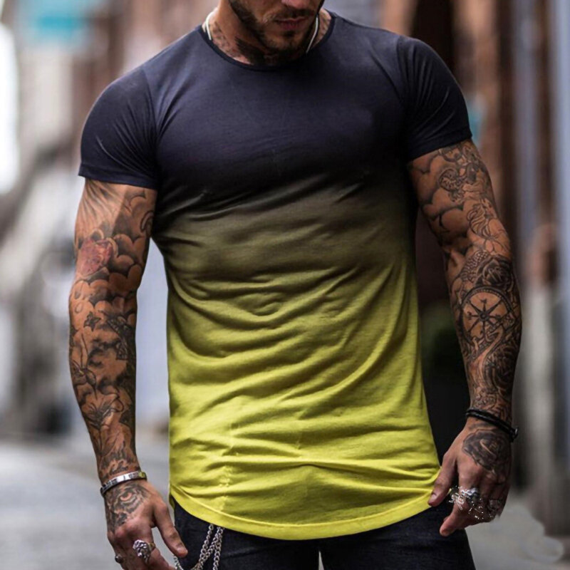 2021 New Brand Fitness Gradient Color T-Shirt Men Short Sleeve 3D Exercise Tops Men T Shirt Summer Quick dry Casual T shirt