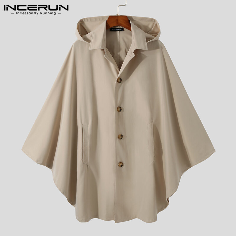 INCERUN – cape courte à capuche pour homme, Trench ample, boutons assortis avec tout, Style américain, élégant, Simple, S-5XL, 2021