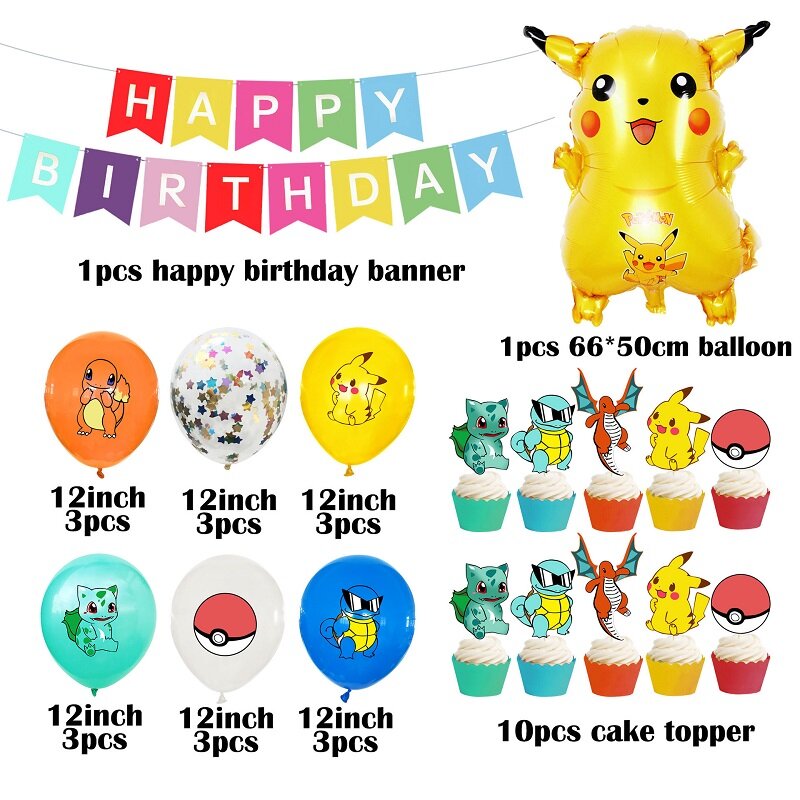 Pokemon Pikachu Birthday Party Decoration Squirtle Bulbasaur Charmander Vulpix Eevee Theme Tableware Plate Cup Cake Topper Toys