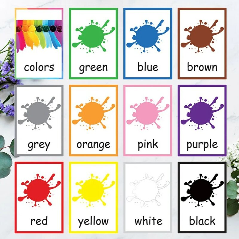 12 Sheets Color Words Flash Cards Colors Words Learning Cards English Color Cognitive Cards Waterproof English Letters Memory Ca