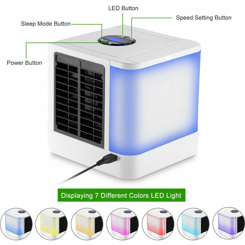 Miniventilador de aire acondicionado portátil, 7 colores con luz de dispositivo de refrigeración, USB, 3 engranajes, espacio Personal, para el hogar