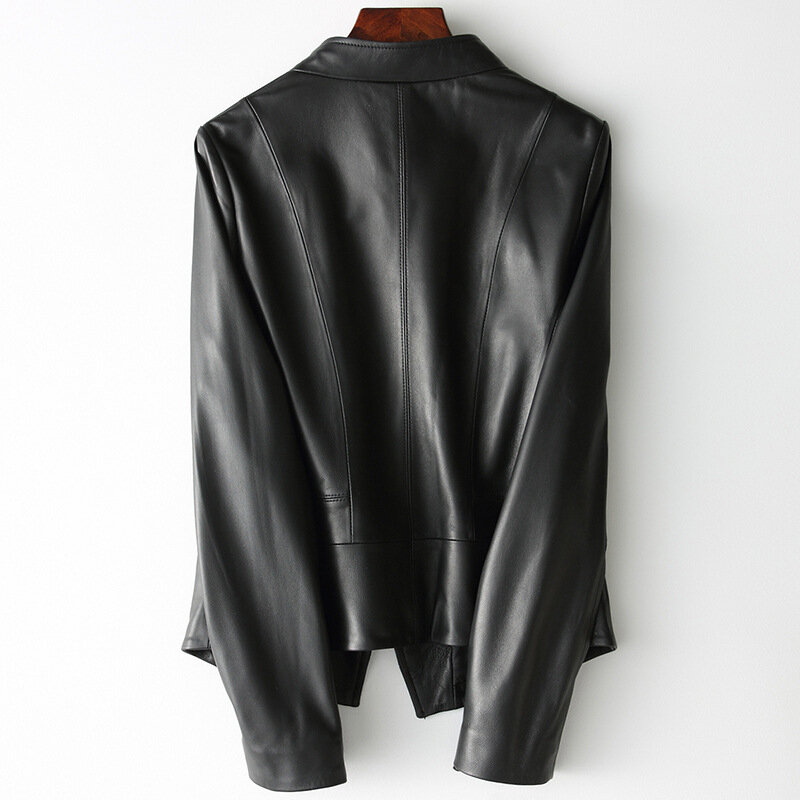 Preto jaqueta de couro curto clássico pele de carneiro manga longa motocicleta street-wear jaqueta genuína casacos básicos outerwear topo
