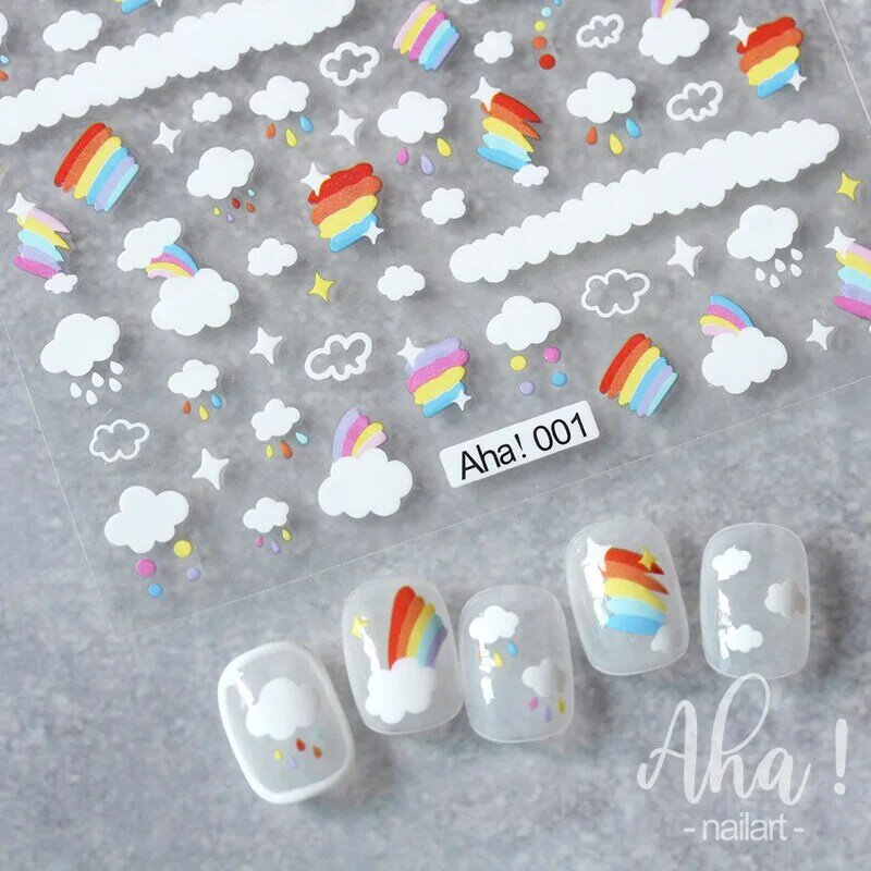 Pegatinas para uñas grabadas en 3D de alta calidad, calcomanías con diseño de nubes de arcoíris, animales bonitos, lluvia y estrellas, 1 piezas