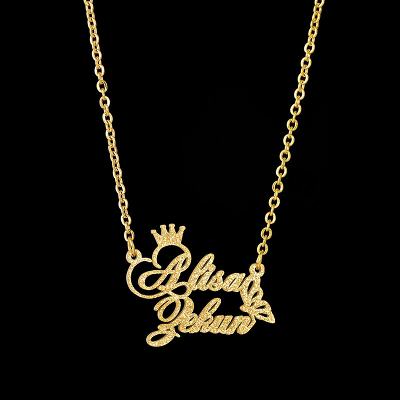 Spark-Collar personalizado con doble nombre para mujer, Gargantilla con corona de mariposa, placa con nombre personalizada, color dorado, regalo de joyería