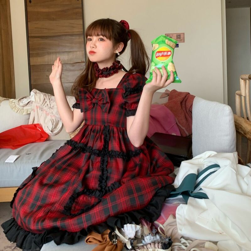 Vestido xadrez japonês Lolita para meninas, Stage Op, Doce vestido Kawaii Idol