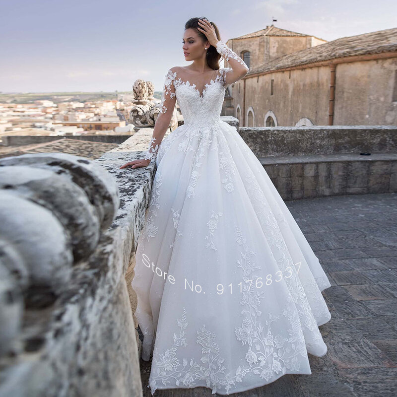 Vestidos De Novia แขนยาว Ball Gown ชุดแต่งงานไข่มุก Appliques แฟชั่นเสื้อคลุม De Mariage Backless Hochzeitskleid