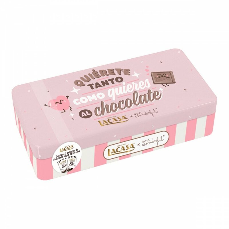 Lacasa mr merveilleux étain rose avec deux tablettes de chocolat noir avec 85% de cacao 2x100gr. Idéal pour donner ou vous donner un caprice