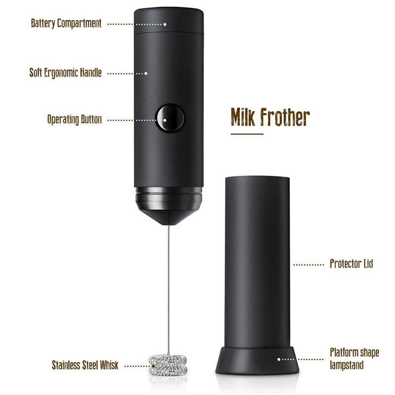 Batedor elétrico de aço inoxidável, agitador de leite e espuma para café com base capa
