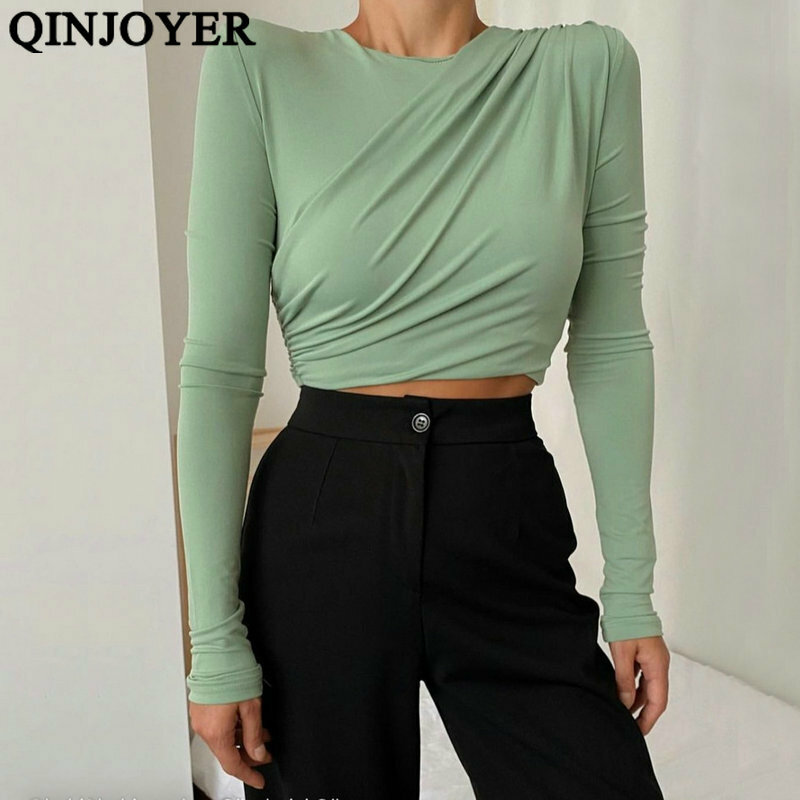 QINJOYER Women Cotton T Shirts Solid Shoulder Pad Crop Top Lady Spring Autumn Long Sleeve T Shirt O-Neck Ruched Tee Women Tops