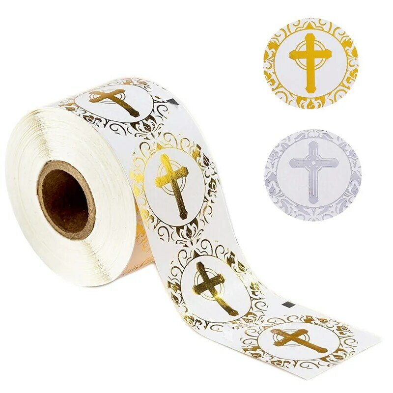 Pegatinas religiosas 500 hoja de oro pegatinas de cruces Cruz diseño redondo etiquetas fiesta favorece a los niños juguete clásico adhesivo cristianos
