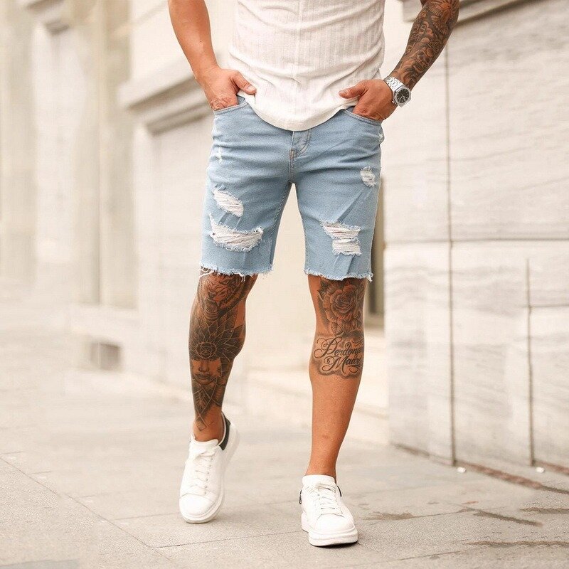 Nova marca nova streetwear homens hip hop shorts calças de brim curtas harajuku do vintage destruído jeans magros rasgado calça desgastada denim