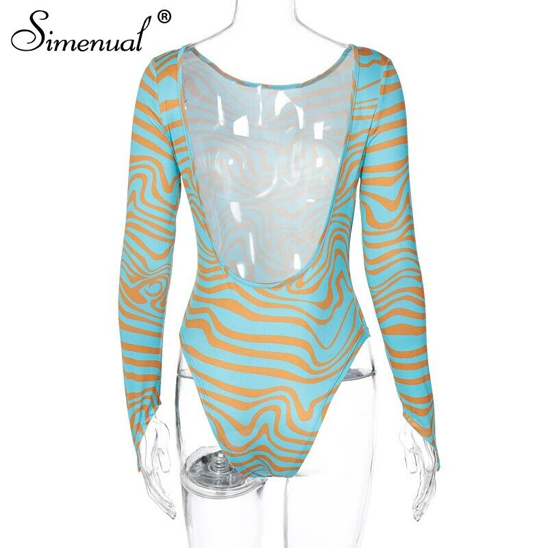 Simenual wydrukowano Bodycon Skinny jesień 2020 moda body dla kobiet bez pleców, długa rękaw Clubwear Sexy body jednoczęściowe Hot