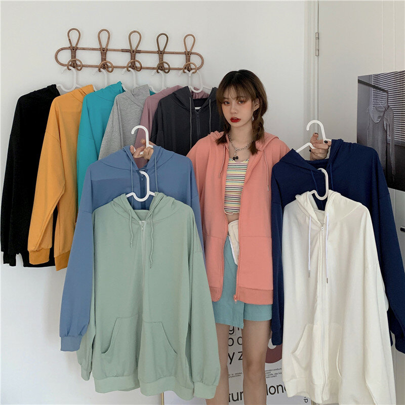 Hoodies Frauen Baumwolle Sweatshirts 2020 Herbst Neue Feste Farbe Mit Kapuze Strickjacke Koreanische Lose Junge Mädchen Sport Casual Kleidung 50B