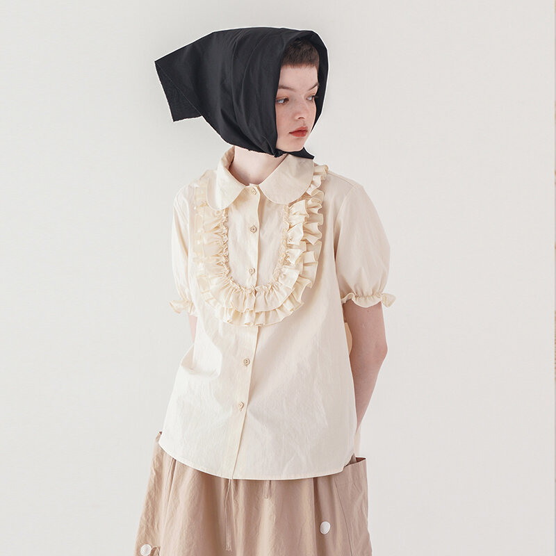 Imakokoni-camisa con cuello de muñeca para mujer, camisa de manga corta de diseño original retro de autocultivo, verano, 202919
