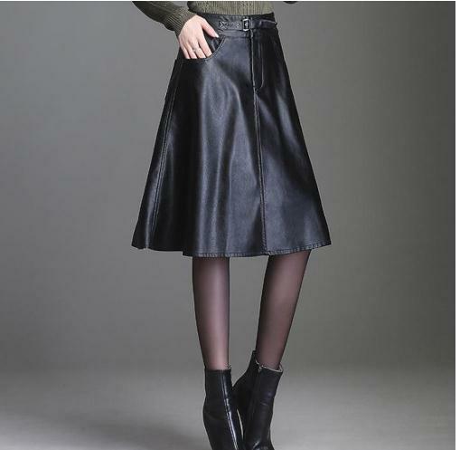 تنورة جلدية أنيقة عالية الخصر مع جيب للنساء ، ملابس مكتبية ، أرجوحة ، جلد صناعي ، أسود ، عصري ، مقاس M/4Xl ، K1362
