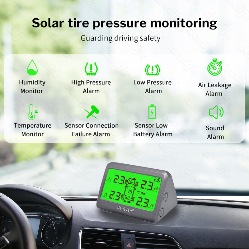 Deelife TPMS Solar sistema de supervisión de presión de neumáticos 0-116 Psi 0-8 Bar tics presión de neumático de coche Monitor interior Sensor externo