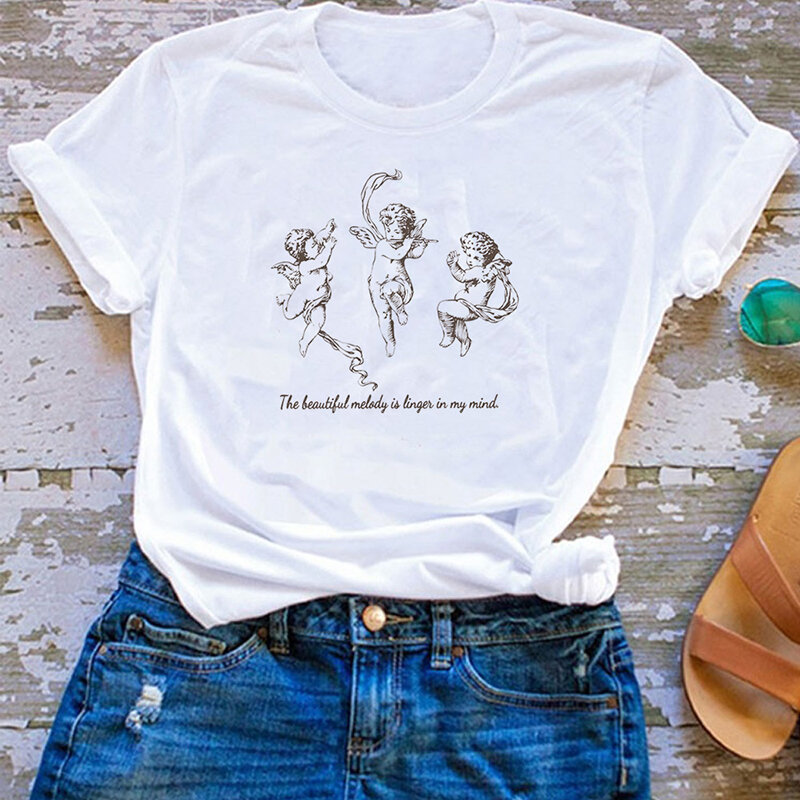Женская Винтажная Футболка с принтом ангела херуба, летняя Милая футболка с графическим принтом в эстетике, женская уличная одежда с коротк...