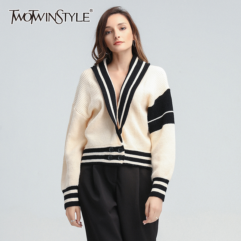 TWOTWINSTYLE Striped Casual Sweater For Women V Neck Long Sleeve Korean Knitted Pullovers Female 2020 Fall Fashion New Clothes