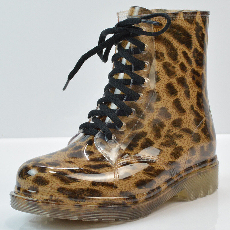 Botas de lluvia impermeables para mujer, botines transparentes coloridos con estampado de leopardo, con cordones, Otoño, 2022