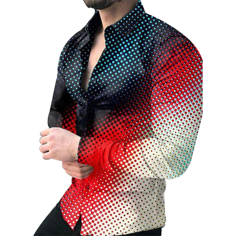 Camiseta casual do gradiente do contraste da cor da forma da camisa fina impressa da luva longa tonal masculina com curvatura dianteira
