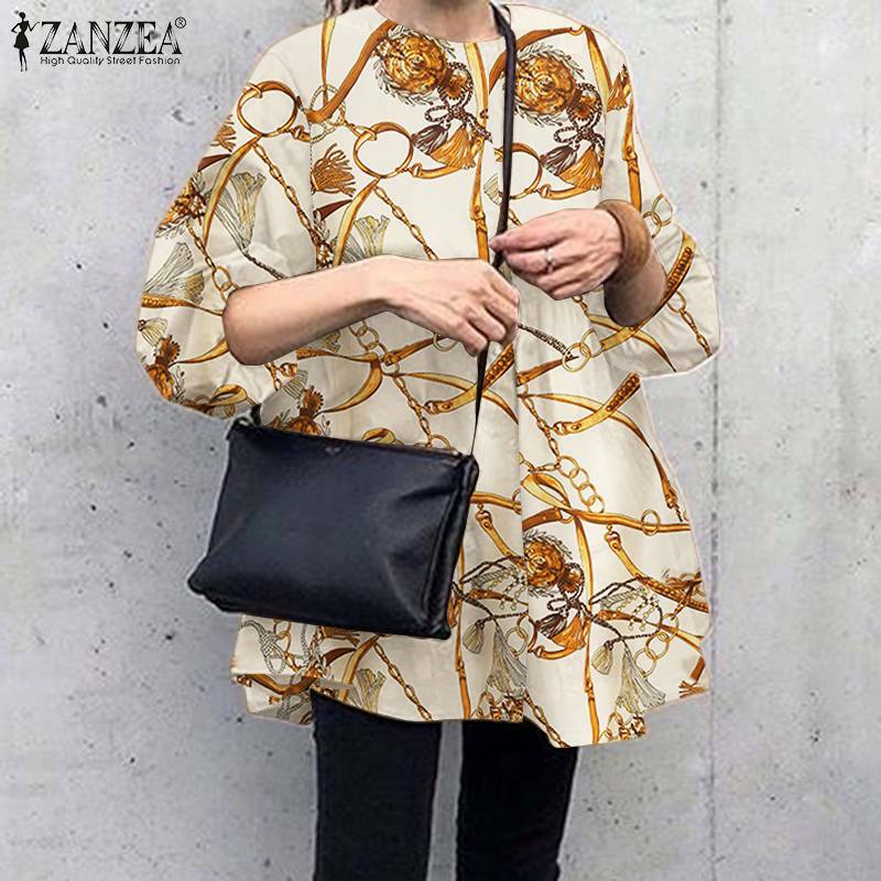Autumn OL Oversized Tops Women Casual Chemise ZANZEA Vintage Printed Shirt Elegant Ruffle Blouse 2021 Fashion Long Sleeve Blusas