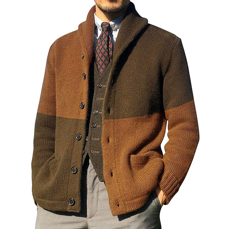Camisola masculina cardigans outono inverno casual suave retalhos blusas cor bloco fino manga longa único breasted lapela cardigan
