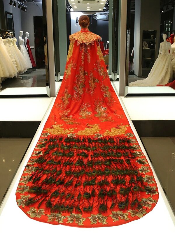 Veste de mariée boléro Style chinois, broderie rouge, Cape de mariage, longue queue, Robes de phénix, Robe de soirée antique, châles, plumes