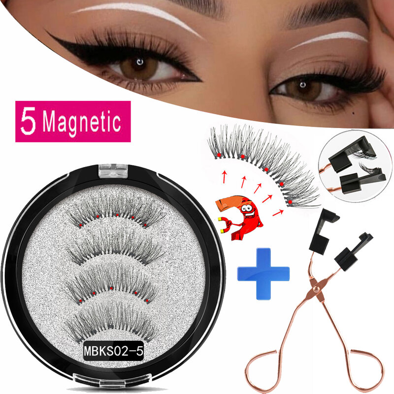 MB-Faux-Cils Magnétiques 3D en Vison Réutilisables avec 5 Aimants, Faits à la Main, pour le Maquillage, Pince à Épiler Naturelle