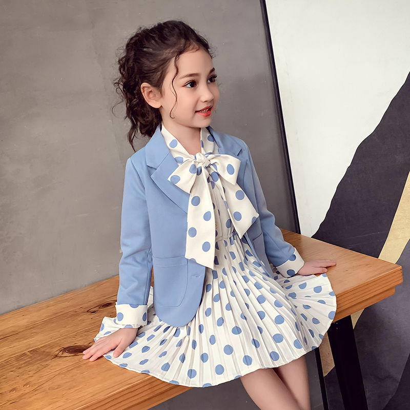 Комплект одежды для девочек, повседневный Блейзер, однотонное платье в горошек, весна-осень, От 3 до 11 лет