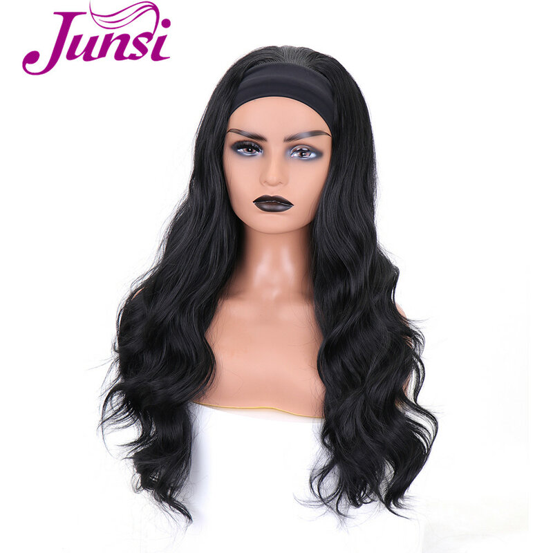 JUNSI-peluca sintética larga con diadema para mujeres negras, pelucas rubias negras naturales con diadema, cabello falso, envolturas para la cabeza hechas a máquina