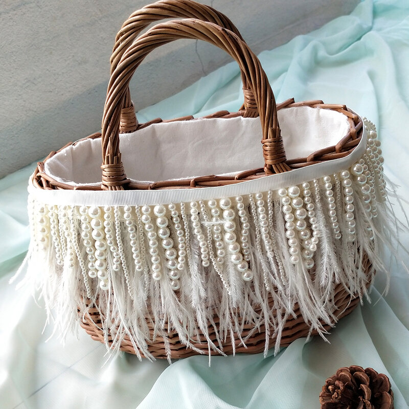 Luxury Pearl Wicker Rattan Bag Women Handbag Ostrich Feather Basket Bags Beads Tassel Women's Bags Hand-Woven Beach Straw Bag Pu