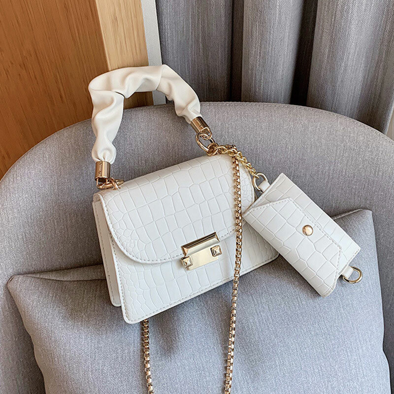 Bolsos de hombro con cadena con patrón de piedra pequeña a la moda para mujer, nuevo bolso de mano de diseñador blanco de tendencia 2020 con monedero femenino