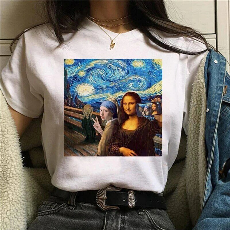 Mona Lisa śmieszne Harajuku koszulki z krótkim rękawem kobiety ulzzang w stylu Vintage Grunge estetyczne koszulka koreański styl Cartoon Tshirt, 90 s, Top Tees kobiet