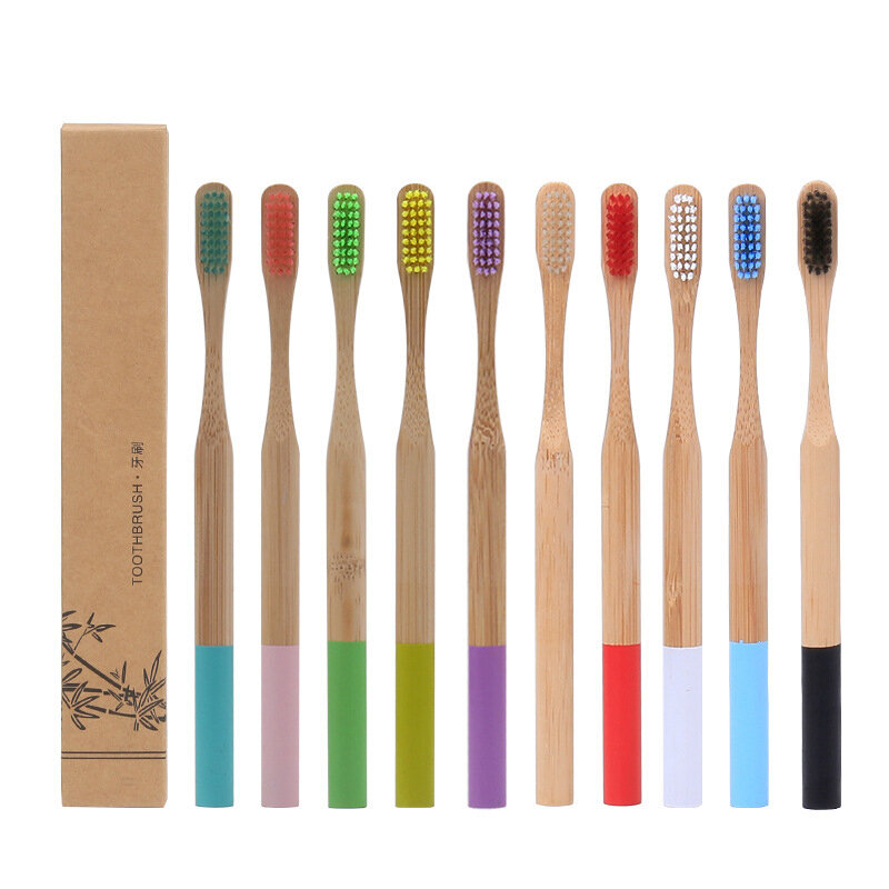 Зубная щетка с круглой бамбуковой ручкой, с цветной ручкой, Экологически чистая зубная щетка для чистки зубов, инструменты для ухода за поло...