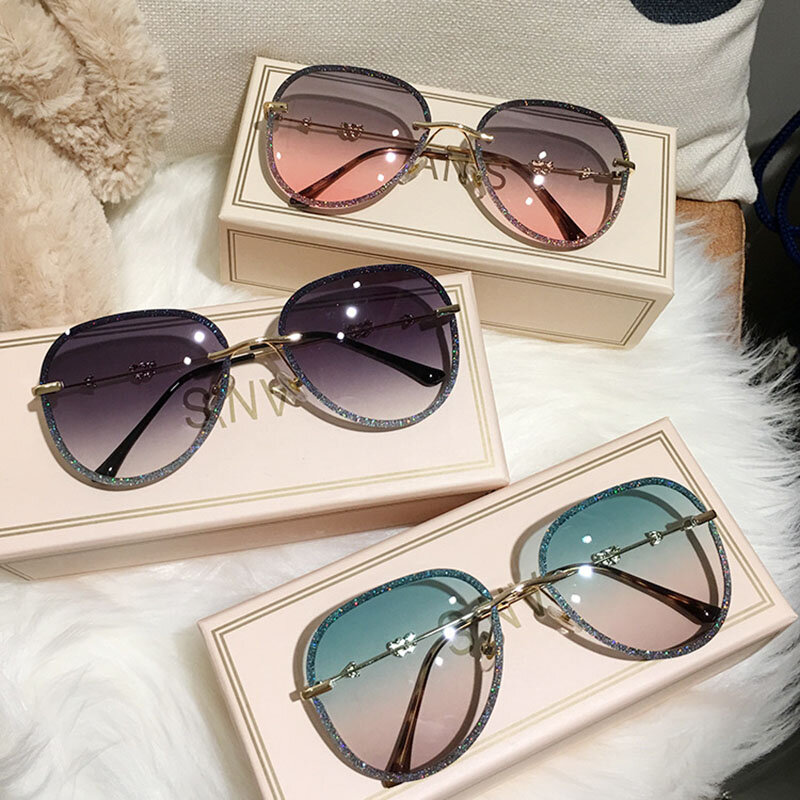 Óculos de sol feminino sem armação, óculos de sol da moda, sem armação, com strass de imitação de cor gradiente, óculos de sol uv400 para mulheres